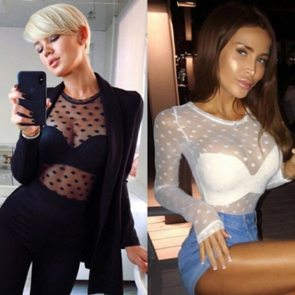 Sexy Sheer Top Mesh See Through Shirt Polka dot - Picture 1 of 8